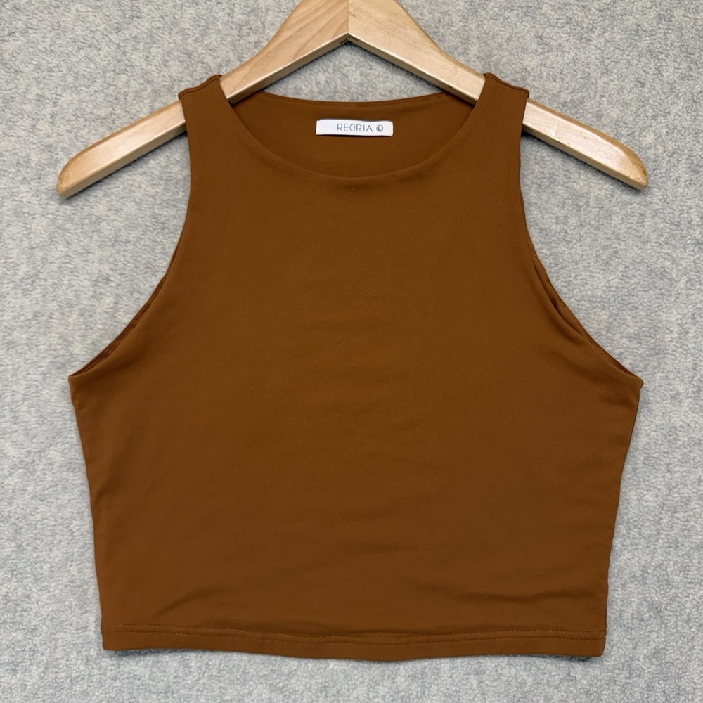 REORIA Women's Brown High Neck Sleeveless Crop Tank Top Size L Stretch